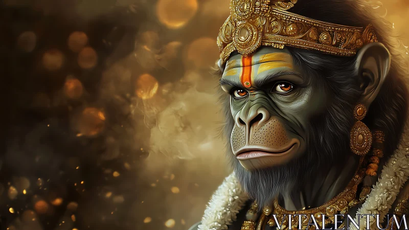 Regal monkey deity gazes softly through golden swirling light