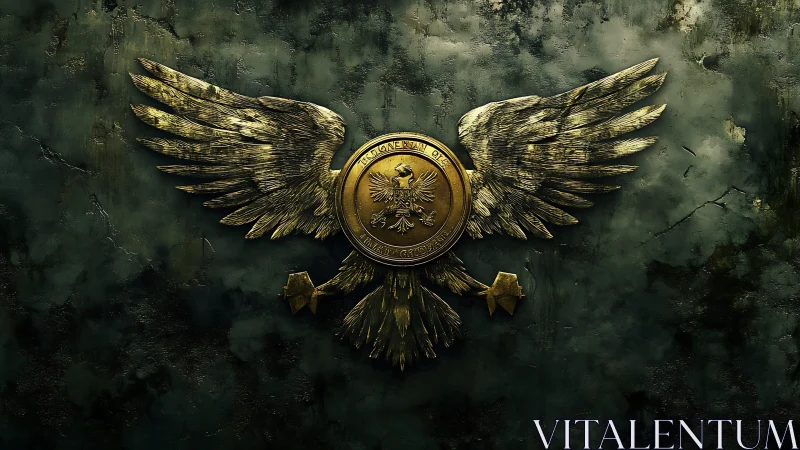 Gilded double headed eagle crest with wings on oxidized wall.
