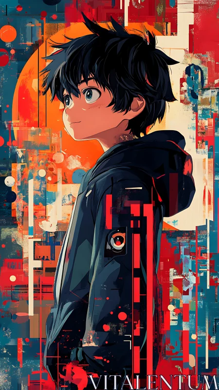 Profile portrait of anime boy amid geometric glitch abstractions