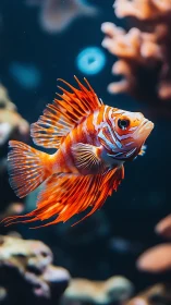 Vibrant lionfish drifts through a softly lit coral reef scene