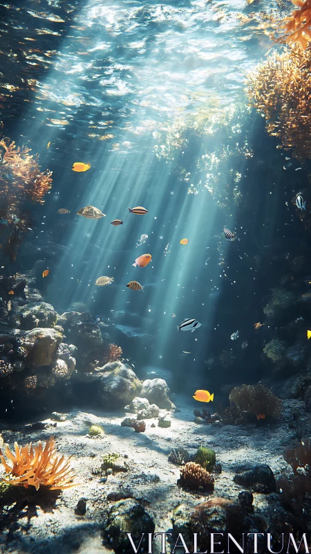 Sunlit coral canyon where curious reef fish wander slowly.