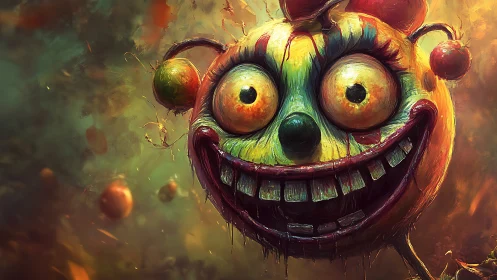 Grinning nightmare clown orb swims through toxic carnival fog.