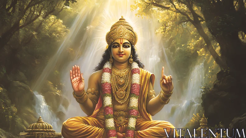 Digital painting of serene Hindu deity in luminous forest setting.