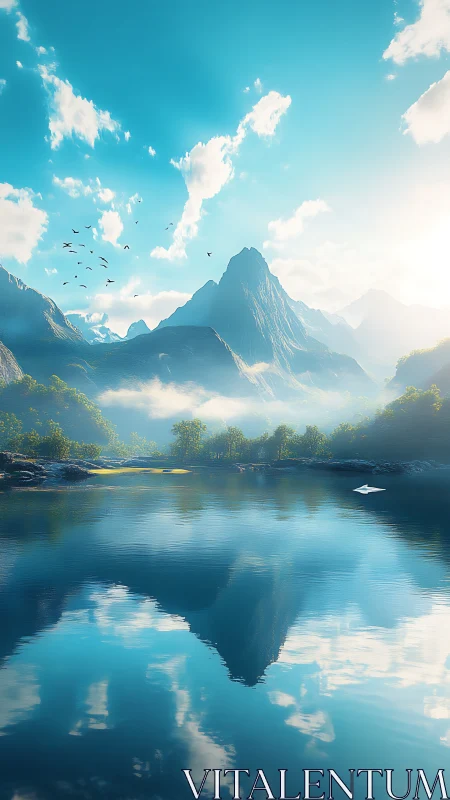 Sunlit mountain lake with ethereal reflections at dawn.