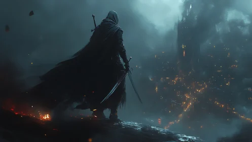 Hooded swordsman overlooking stormlit citadel at night.