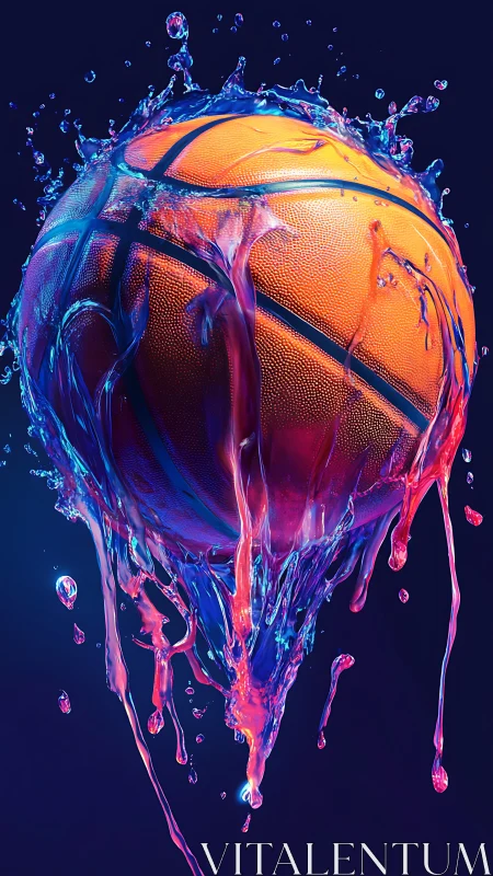 Hyperreal basketball engulfed in neon liquid splash dynamics
