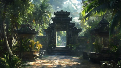 Sunlit stone temple gate emerges from dense tropical jungle