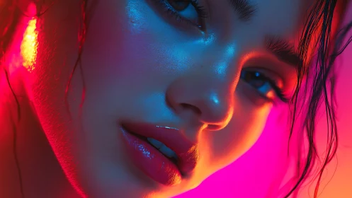 Neon-kissed portrait drenched in glowing electric color.
