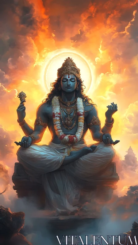 Sky-throned blue deity breathes calm into blazing dawn clouds