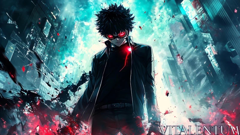 Cybernetic antihero with crimson energy core in ruined city