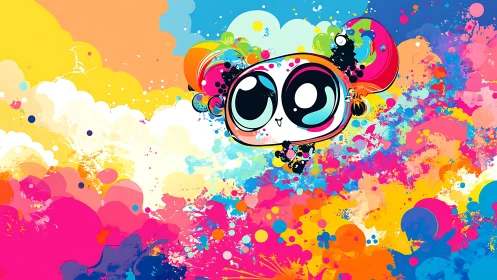 Kawaii wide eyed mascot amid multicolor paint splatter clouds
