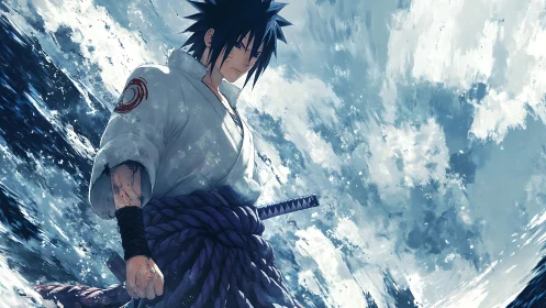 Stoic anime swordsman against abstract sky backdrop.