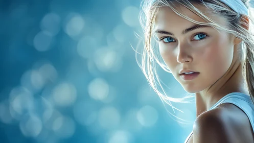 Portrait of young woman against soft blue bokeh background.