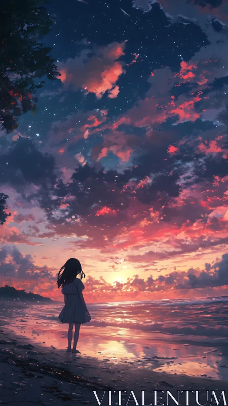 Girl watches neon sunset sky over reflective shoreline.