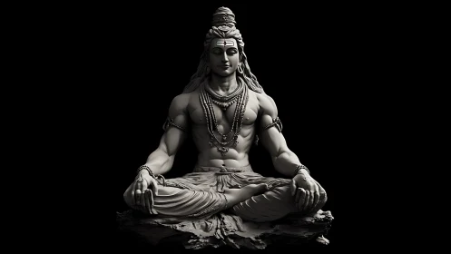 Monochrome 3D render shows seated deity in meditation