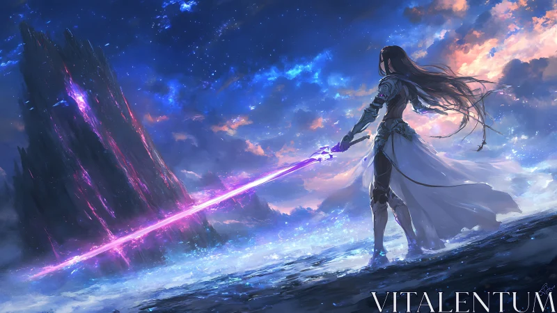 Armored warrior confronting radiant monolith at twilight.