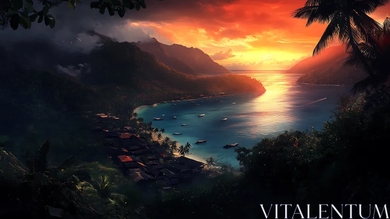 Tropical bay village at sunset with reflective ocean inlet