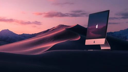 Desktop computer glows against surreal desert dusk landscape.