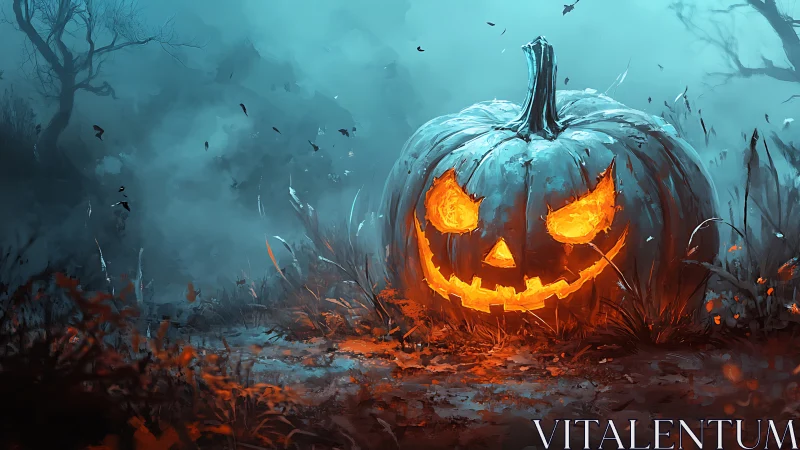 Glowing jack o lantern smiling boldly in a misty forest.