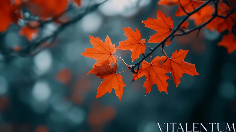 Scarlet maple leaves in crisp bokeh forest atmosphere.