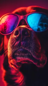 Neon-lit canine portrait with reflective bicolor sunglasses closeup.