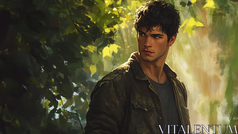 Wary forest wanderer in sun-slashed green silence stands.