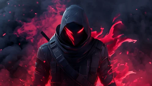 Cyberpunk wraith assassin in red reactive energy shroud.