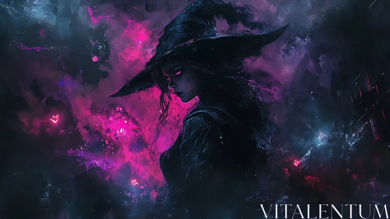 Dark witch silhouette commands swirling neon arcane storm