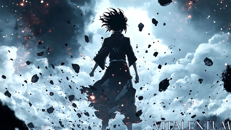 Stormlit wanderer rising through shattered sky and stone.