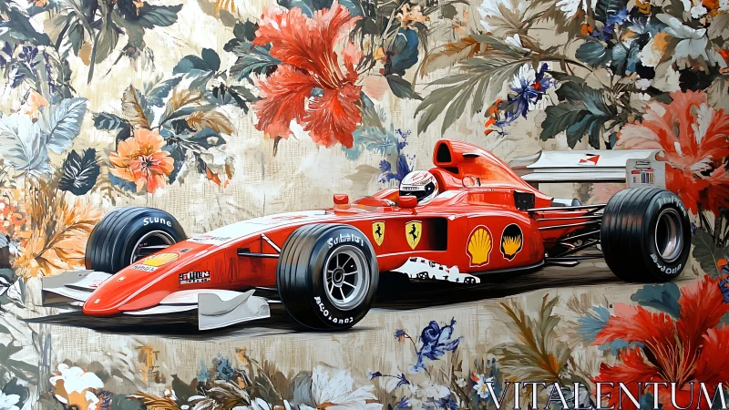 Red Formula One car rendered over dense floral backdrop