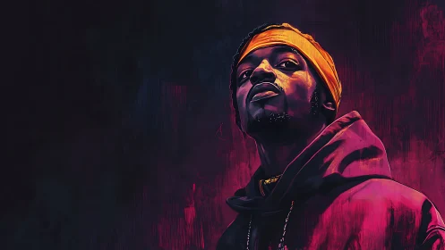 Neon-lit portrait captures confident hooded figure in profile.