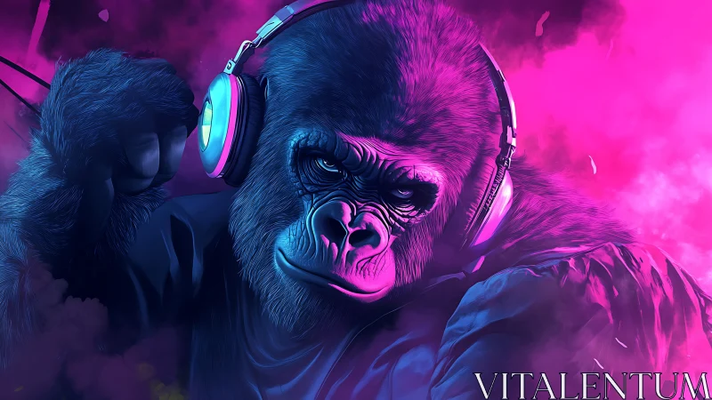 Gorilla in neon headphones against bold pink smoke haze.