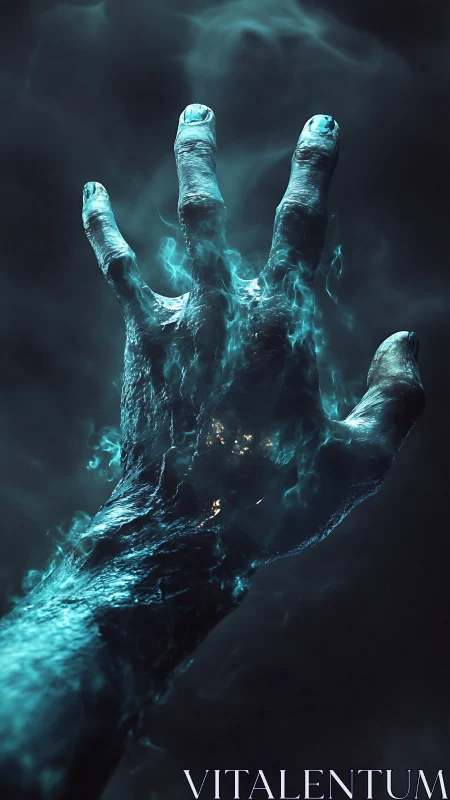Spectral blue hand emerges in volumetric cinematic lighting