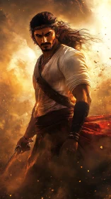 Warrior stands amid dense smoke and directional firelight