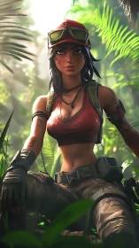 Stylized jungle scout in tactical gear under diffused sunlight