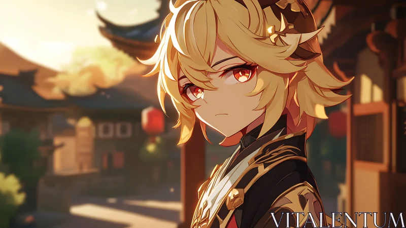 Blonde anime warrior in ornate black gold armor at sunset street