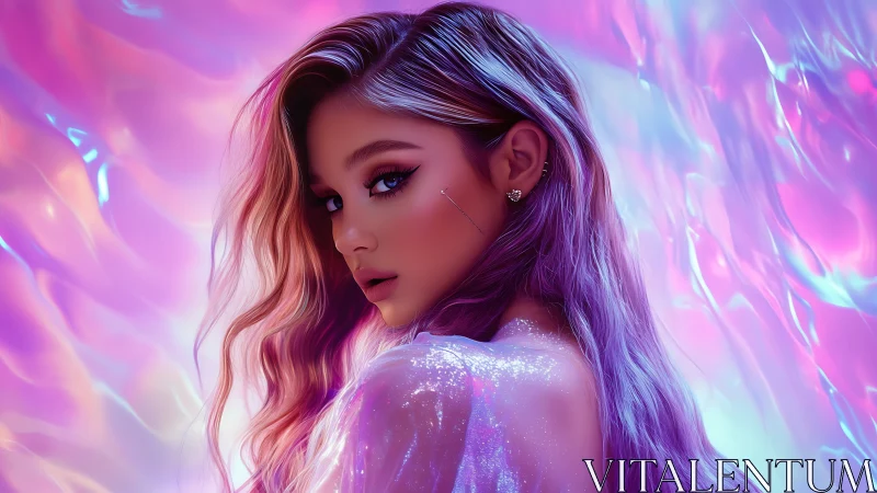 Iridescent cyber muse in neon violet shimmered glow.