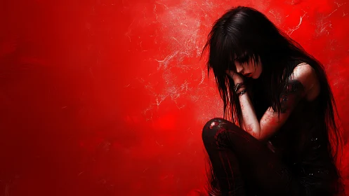 Gothic girl in red field, seated in shadowed side profile.