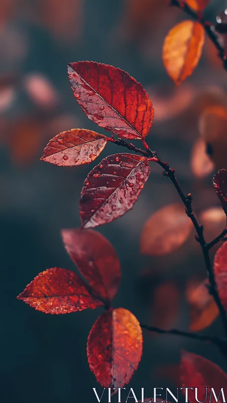 Macro study of rain soaked red leaves against cool bokeh field