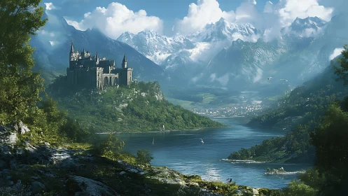 Stone fortress above lake within extensive mountain basin.