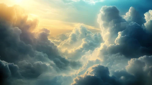 Golden sunrise pours through billowing dreamlike clouds