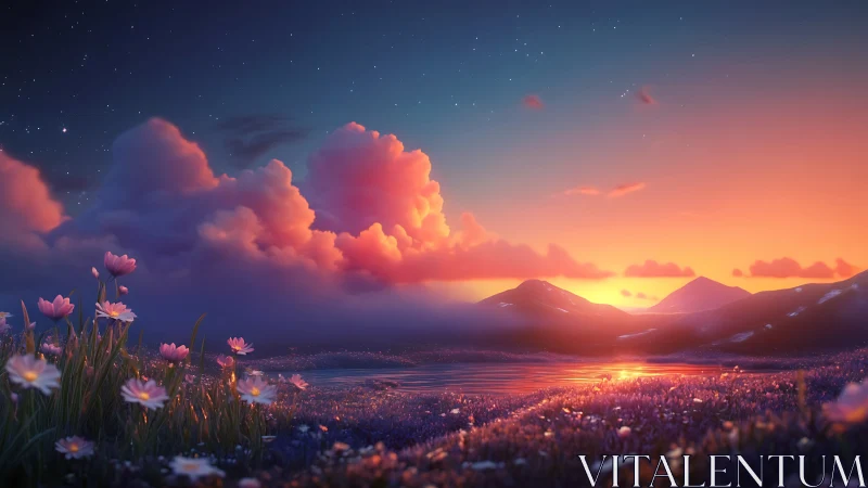 Dreamlit alpine lake at sunset beneath glowing clouds.