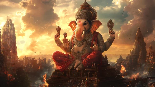 Majestic Ganesha deity sits above burning temple cityscape