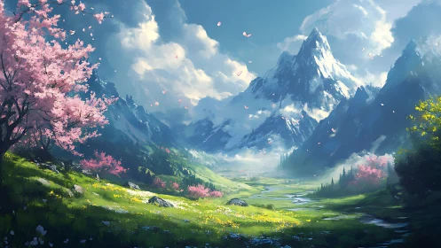 Sunlit alpine valley unfolds beneath towering spring peaks