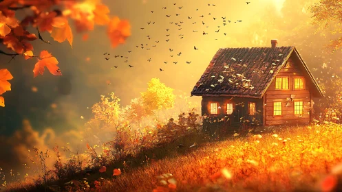 Cozy forest cabin glows warmly in a golden autumn sunset