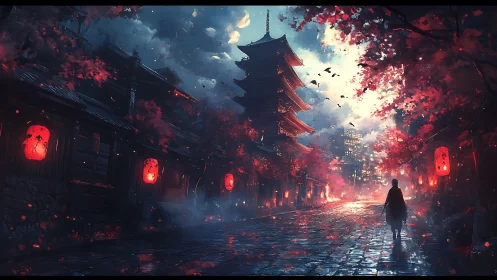 Samurai walks through lantern lit street toward distant city