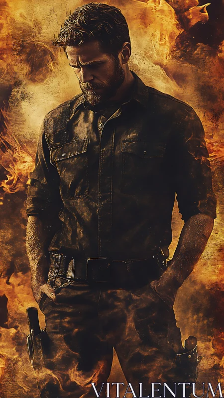 Tactical operator engulfed in cinematic inferno field composite.