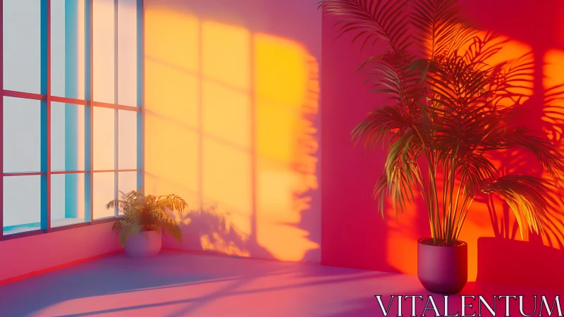 Colorful interior corner with potted palms and long shadows.