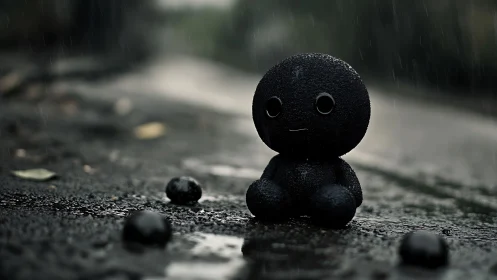 Photoreal rainy street with lonely matte black plush figure.