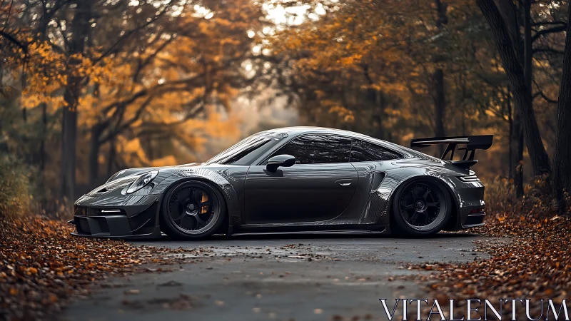 Aerodynamic track-spec sports coupe in autumn forest lane.